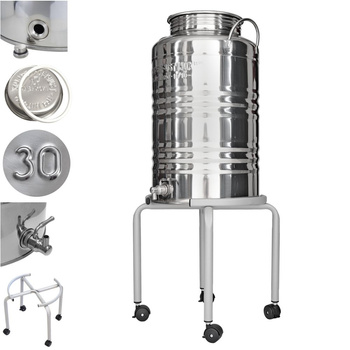 Beczka stalowa inox 30L z kranem Italia i podstawką